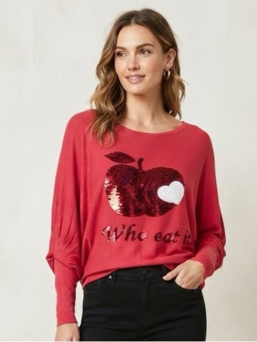 Millennium Red Sequin Apple Long Sleeve Top